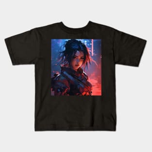 Cyberpunk Female Samurai In A Dark Street Kids T-Shirt